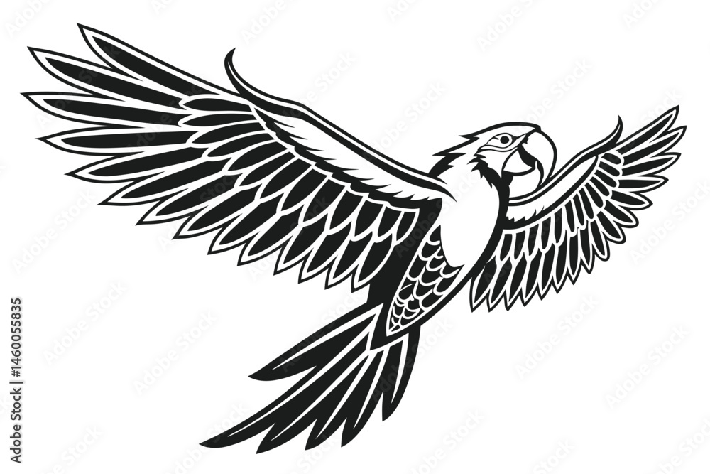 Naklejka premium 64 Black and white illustration, stylized parrot, macaw silhouette, spread wings, tribal design, symmetrical bird artwork, graphic tattoo style, bold contrast, minimalist avian form, feather details, 