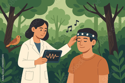 The wellness research setting appears dull with the presence of headbands, speakers shaped like forest elements, and various charts
