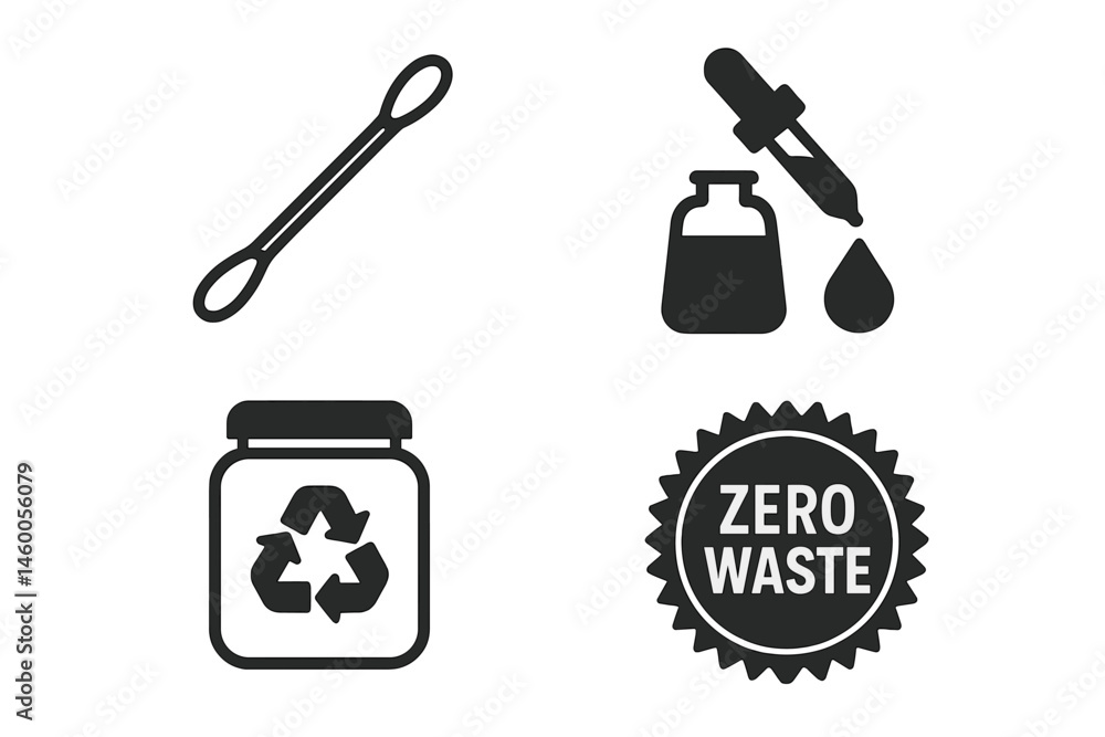 Fototapeta premium Icons representing eco-friendly beauty are depicted as a bud, droplet, jar, and badge