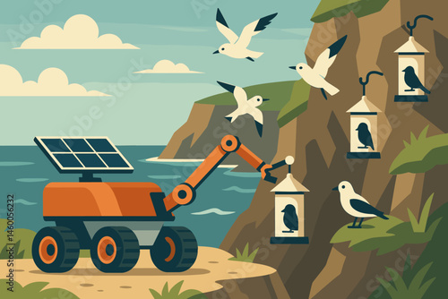 The scene depicts a flat area with a rover arm, seed pods, and cliffs shaped by sea spray