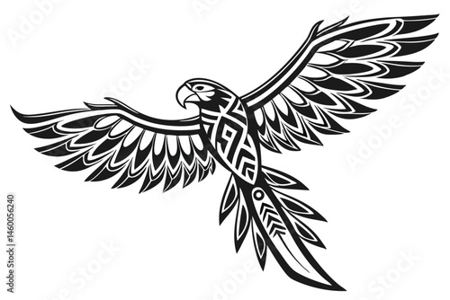 64 Black and white illustration, stylized parrot, macaw silhouette, spread wings, tribal design, symmetrical bird artwork, graphic tattoo style, bold contrast, minimalist avian form, feather details, 