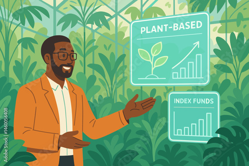 The scene is set with a flat finance-green backdrop, complete with holographic charts, leafy walls, and enthusiastic students