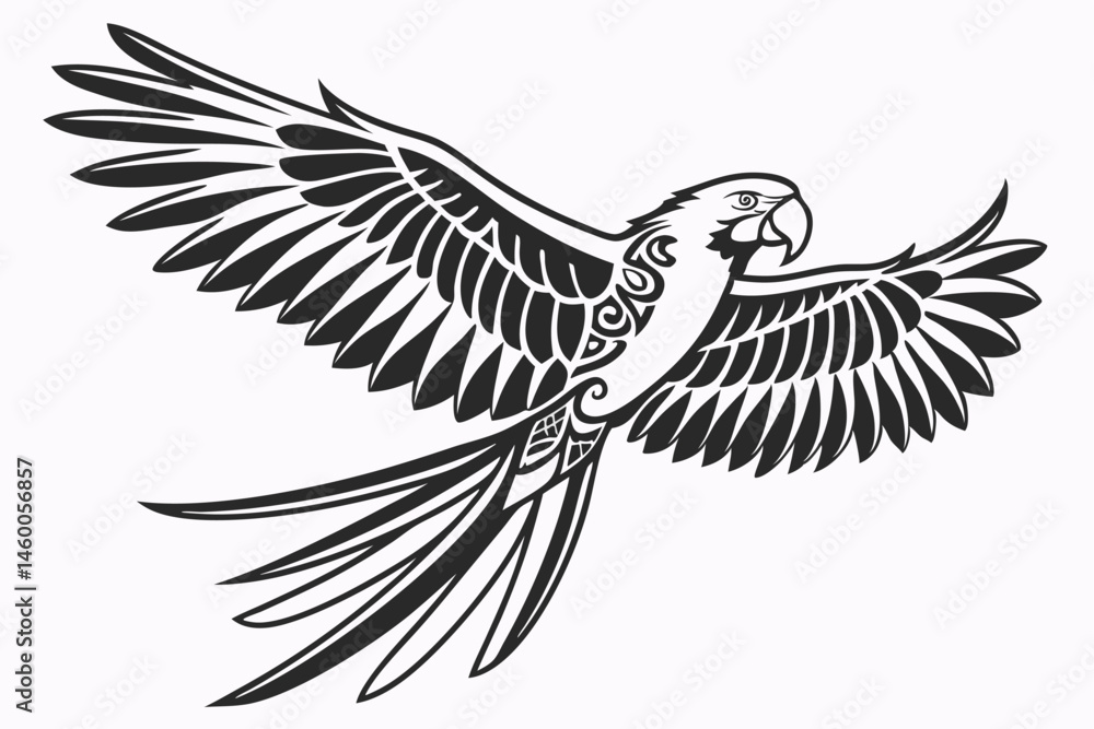 Obraz premium 64 Black and white illustration, stylized parrot, macaw silhouette, spread wings, tribal design, symmetrical bird artwork, graphic tattoo style, bold contrast, minimalist avian form, feather details, 