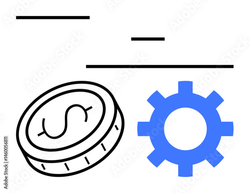 Coin with dollar sign beside gear symbolizing financial management and operational efficiency. Ideal for fintech, strategy, economy, budgeting, development, technology, simple landing page