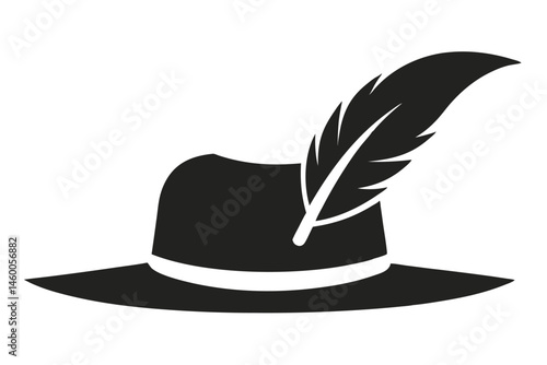 Black and white illustration of Tyrolean hat with a large feather
