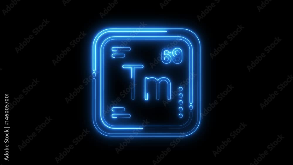Neon glowing periodic table element thulium tm on black background for science and education Neon glowing periodic table element thulium tm on black background for science and education
