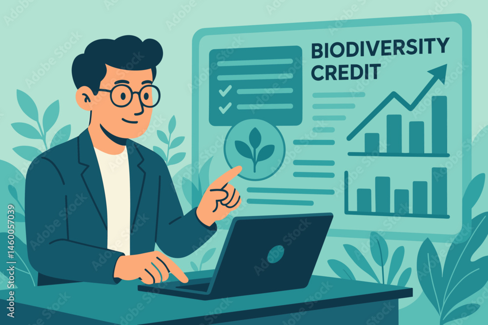The financial landscape is depicted as a flat green scene that features hologram trees, credit coins, and an analyst The financial landscape is depicted as a flat green scene that features hologram trees, credit coins, and an analyst