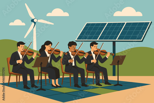 The scene is set with a flat music-green backdrop accompanied by kinetic tiles, an orchestra, and soft lighting