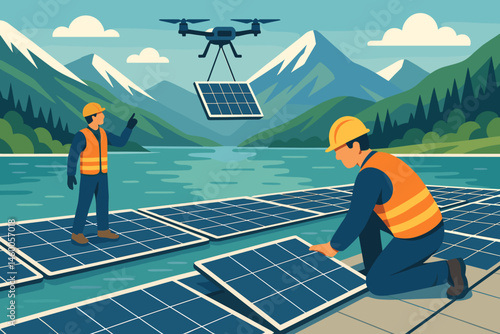 The scene is flat with a combination of hydro and solar elements, featuring mats, drones, and a reflection of snowy peaks