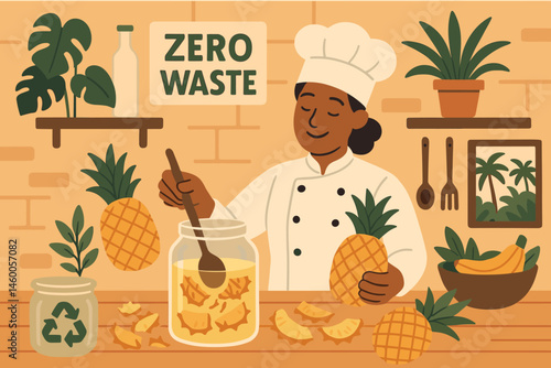 The food scene features a flat, upcycled arrangement including jars, pineapple peels, and a jungle view