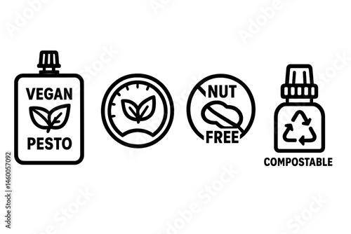 The merging of pesto-eco icons includes pouch, leaf, badge, and cap