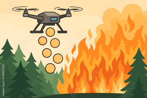 The scene depicted a flat area with fire technology, including a volley of drones, retardant balls, and a ridge of smoke