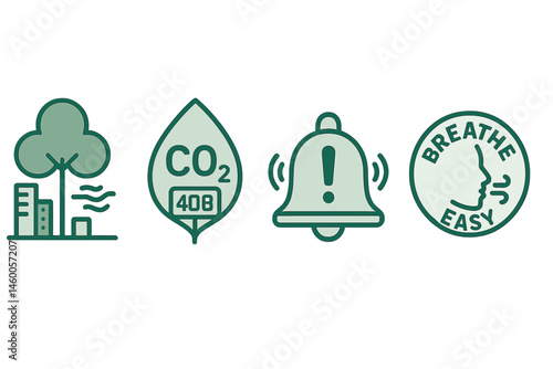 Icons representing air quality and health are connected to a purifier, a meter, an alert system, and a badge