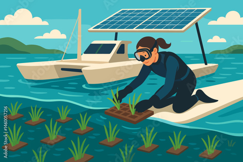 The scene of flat restoration features mats, catamaran panels, and blue shallows