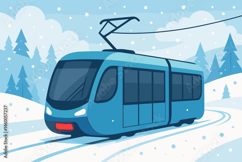 The winter mobility scene is depicted as flat, featuring a sleek tram, a snow drift, and a regenerative glow