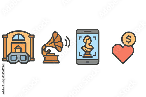 The merging room combines Heritage-VR icons, audio waves, AR pop, and donate coins