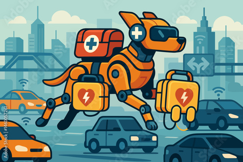 The scene depicted a flat area where a rescue operation was underway, featuring a robotic dog, an automated external defibrillator pack, and vehicles stuck in a traffic jam