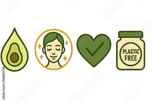 The merging of avocado-beauty icons includes drop, glow, heart, and jar