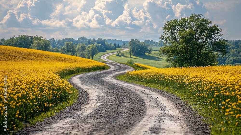 Naklejka premium Winding road through yellow fields