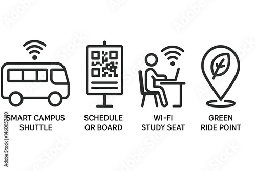Icons representing campus mobility connect shuttle, QR code, seat, and point
