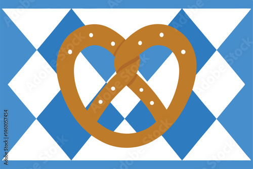 Oktoberfest Pretzel Illustration with Bavarian Flag Pattern Background, Celebration of Culture