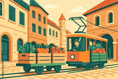The scene depicts a flat and clean transport setting with a narrow street, crates for trams, and umbrellas for cafes