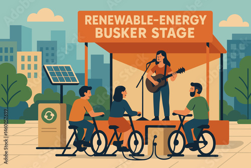 A scenic view of a city with a green music setting, cyclists, stage equipment, and a metropolitan background
