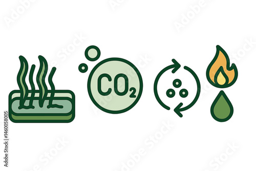 Icons representing algae farms display pond, capture, nutrient loop, and fuel