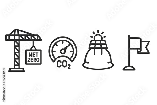 The icons of Build-net are combining with the crane, carbon dial, solar hat, and flag