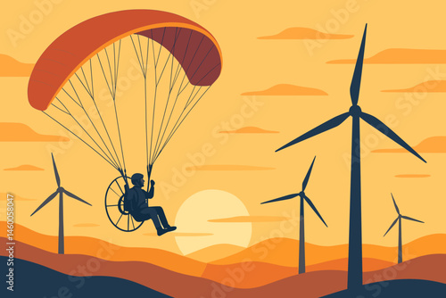 The scene depicts a flat e-flight with a wing, battery pod, turbines, and a sunrise