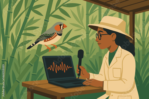 The scene is set with a flat bio-acoustics backdrop featuring laptop spectrograms, a finch perched, and a leafy canopy