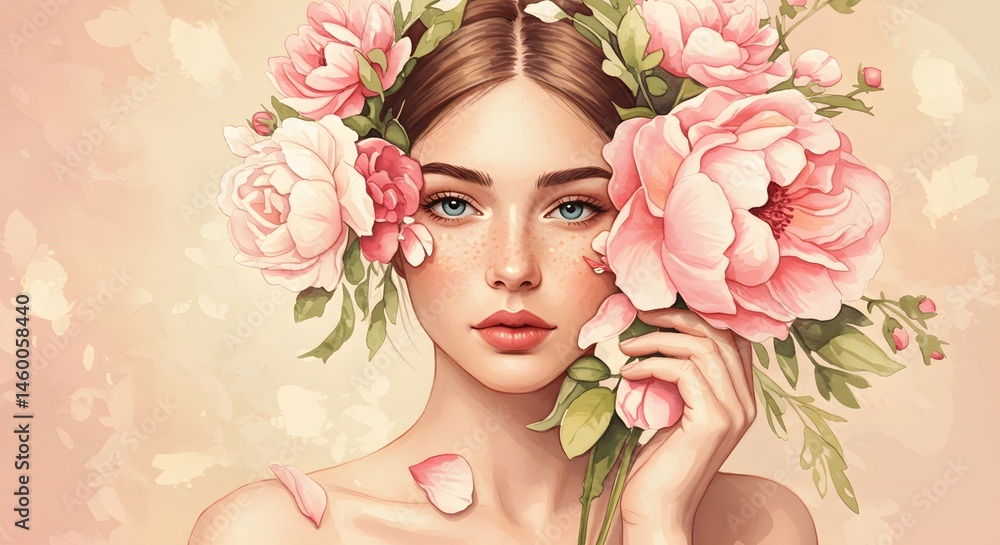 Artistic Portrait of a Beautiful Woman with Pink Peonies, Flowers, Beauty, and Floral Headpiece. Artistic Portrait of a Beautiful Woman with Pink Peonies, Flowers, Beauty, and Floral Headpiece.