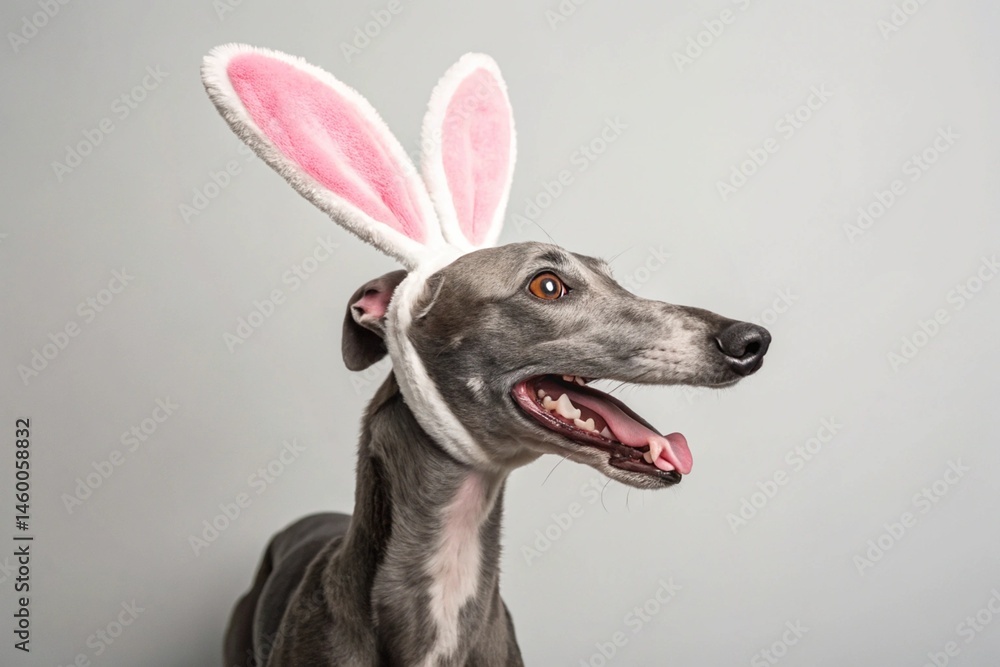 Cute greyhound wearing bunny ears - generated by ai Cute greyhound wearing bunny ears - generated by ai