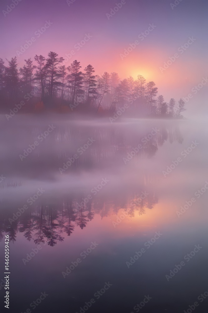 Fototapeta premium Vibrant rainbow fog drifts over still lake water Soothing colors reflect tranquility , landscape, serenity, vibrant hues