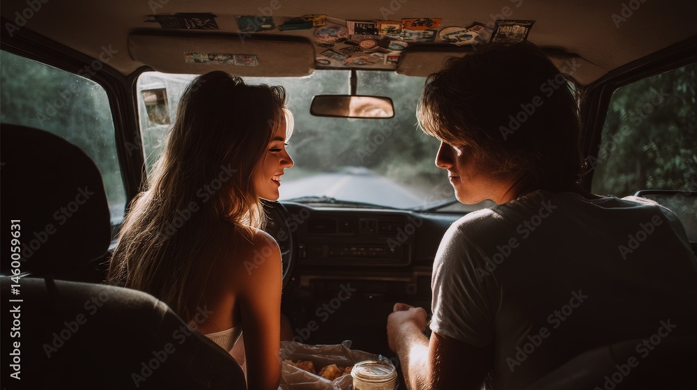 © jechm - Young couple sharing a romantic moment inside their car during road trip