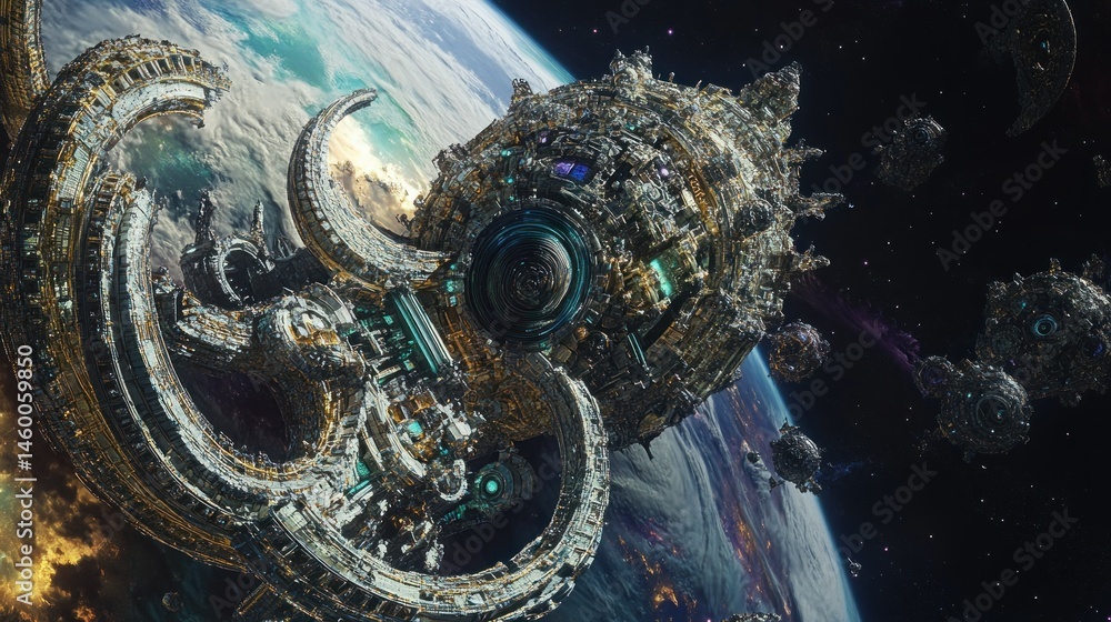 Fototapeta premium A giant spaceship orbiting Earth, with a large energy shield protecting its hull, background wallpaper AI generated image