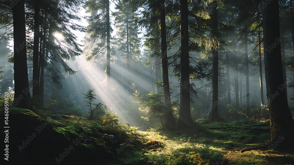 Sunbeams pierce misty forest, illuminating mossy ground Sunbeams pierce misty forest, illuminating mossy ground