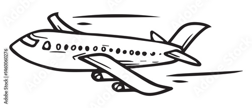 Hand-drawn illustration vector of a commercial airplane in flight. Minimalist black and white sketch style, perfect for aviation, travel, airline, transportation, and adventure-themed designs