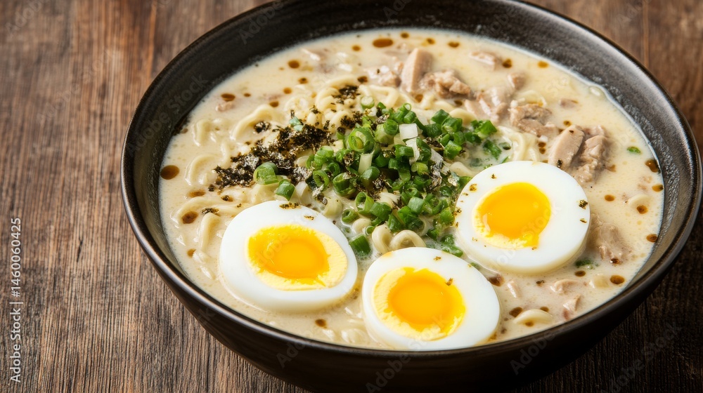 Creamy Ramen Bowl with Egg, Scallions and Seaweed, Asian Food, Noodle Soup Creamy Ramen Bowl with Egg, Scallions and Seaweed, Asian Food, Noodle Soup