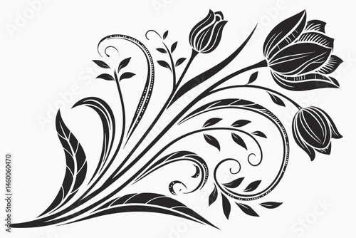 66 Black and white illustration, stylized floral design, tulip motif, symmetrical composition, ornate botanical pattern, Art Nouveau influence, intricate linework, silhouette style, decorative plant f