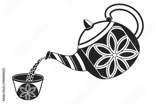 67 Minimalist teapot icon, black and white illustration, pouring tea into cup, simple geometric shapes, clean lines, negative space, stylized design, graphic silhouette, modern logo aesthetic, high co