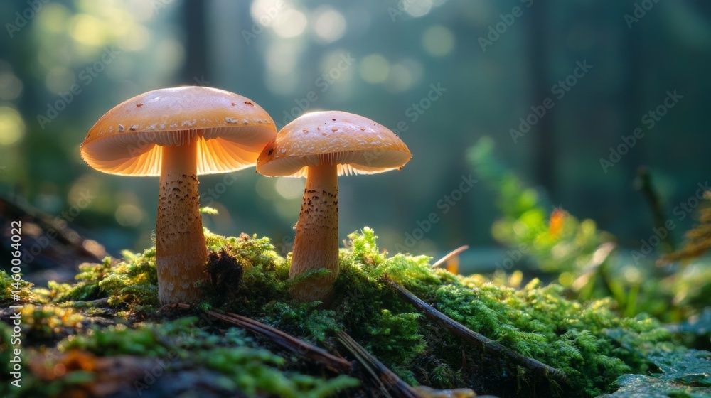 Fototapeta premium Two mushrooms growing on mossy forest floor with soft light in peaceful nature woodland setting
