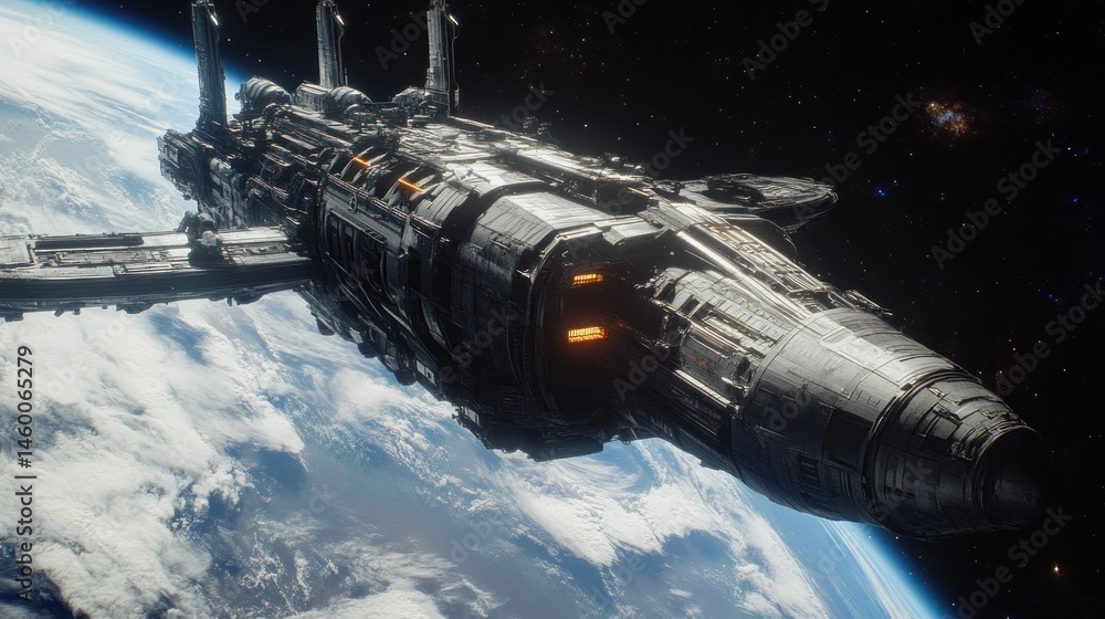 A giant spaceship hovering above Earth, with a large antenna, background wallpaper AI generated image A giant spaceship hovering above Earth, with a large antenna, background wallpaper AI generated image