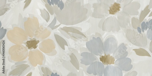 Floral fantasy unfolds with brush strokes in muted beige and soft gray hues