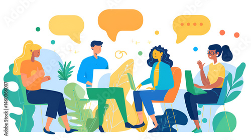 Illustration of four people sitting with laptops and speech bubbles above their heads on white