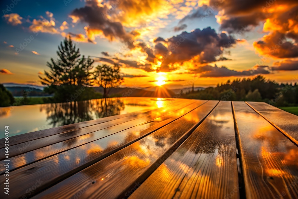 Obraz premium Warm Sunset Reflection on Wooden Tabletop