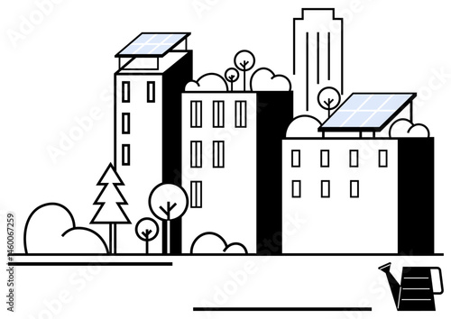 High-rise buildings with rooftop solar panels surrounded by trees and nature, alongside a watering can. Ideal for sustainability, renewable energy, urban ecology, eco-friendly architecture, green