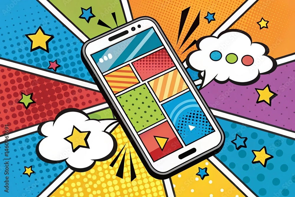 Fototapeta premium Pop art smartphone logo colorful background in pop art retro comic style - generated by ai