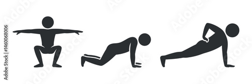 Simple Illustrations of Three Basic Bodyweight Exercises Squat, Plank, and Side Plank