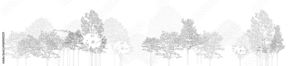 Architectural Drawings, Minimal style cad tree line drawing, Side view, set of section wetland forest outline for landscape design drawing. Vector illustration in seperate element